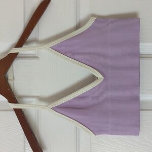 Out From Under Andie Seamless Ribbed Knit V-neck Cropped Halter Top Purple M/L